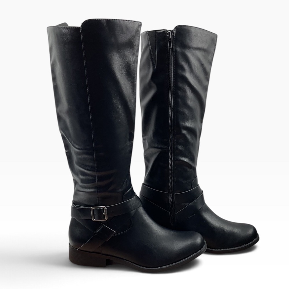 Style&co Black Faux Leather Tall Riding Boots Buckle Strap Size 5.5M F42199